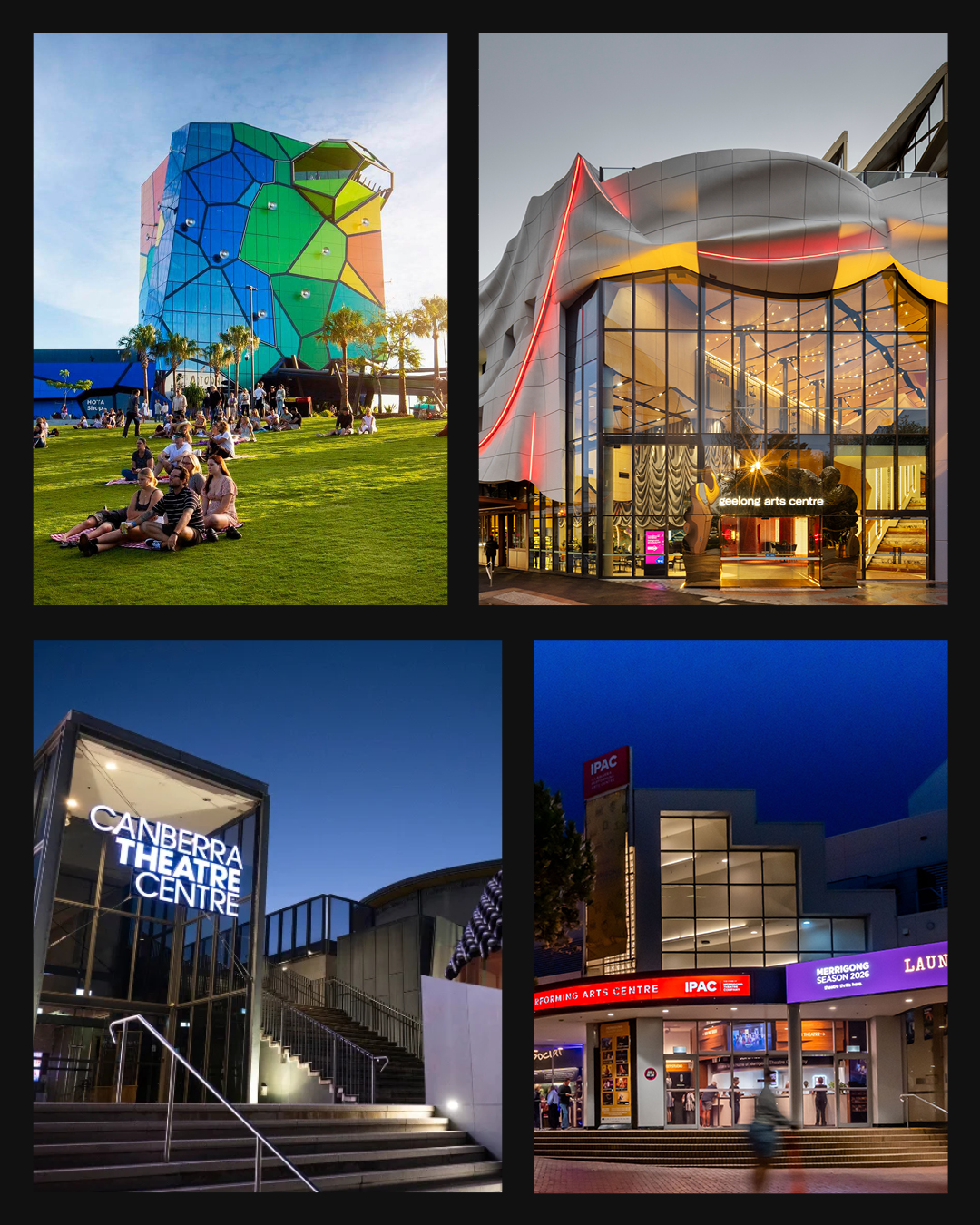 A collage of four photos each showing a different venue as a part of the consortium, Geelong Arts Centre, Merrigong Theatre Company, Canberra Theatre Centre and HOTA.