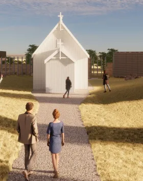 A digital rendering of a church building.