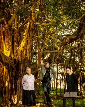 Three people stand under a large tree.