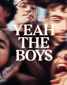 A blurry, high energy selfie photography of 6 'boys' pulling faces at the camera. The text Yeah The Boy at the center.