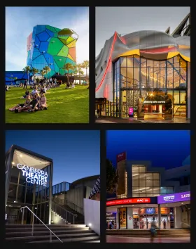 A collage of four photos each showing a different venue as a part of the consortium, Geelong Arts Centre, Merrigong Theatre Company, Canberra Theatre Centre and HOTA.