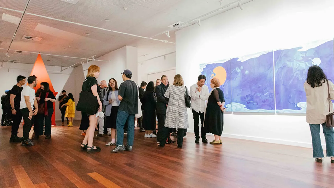 Attendees at the VIP opening of Louise Zhang ‘No dust left in the lilies’, 4A Centre for Contemporary Asian Art, 2023. Photo by Anna Hay.