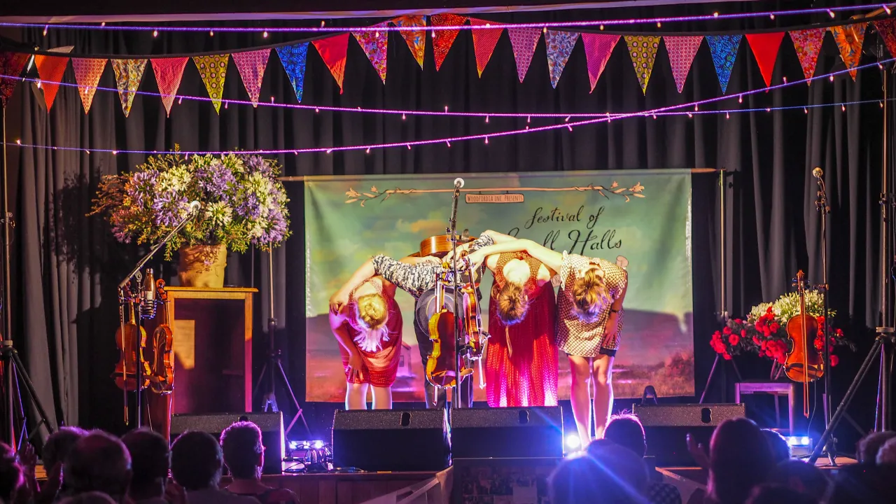 Liam Gerner and Fru Skagerrak take a bow at the Rowella Hall on the Festival of Small Halls Summer Tour 2019