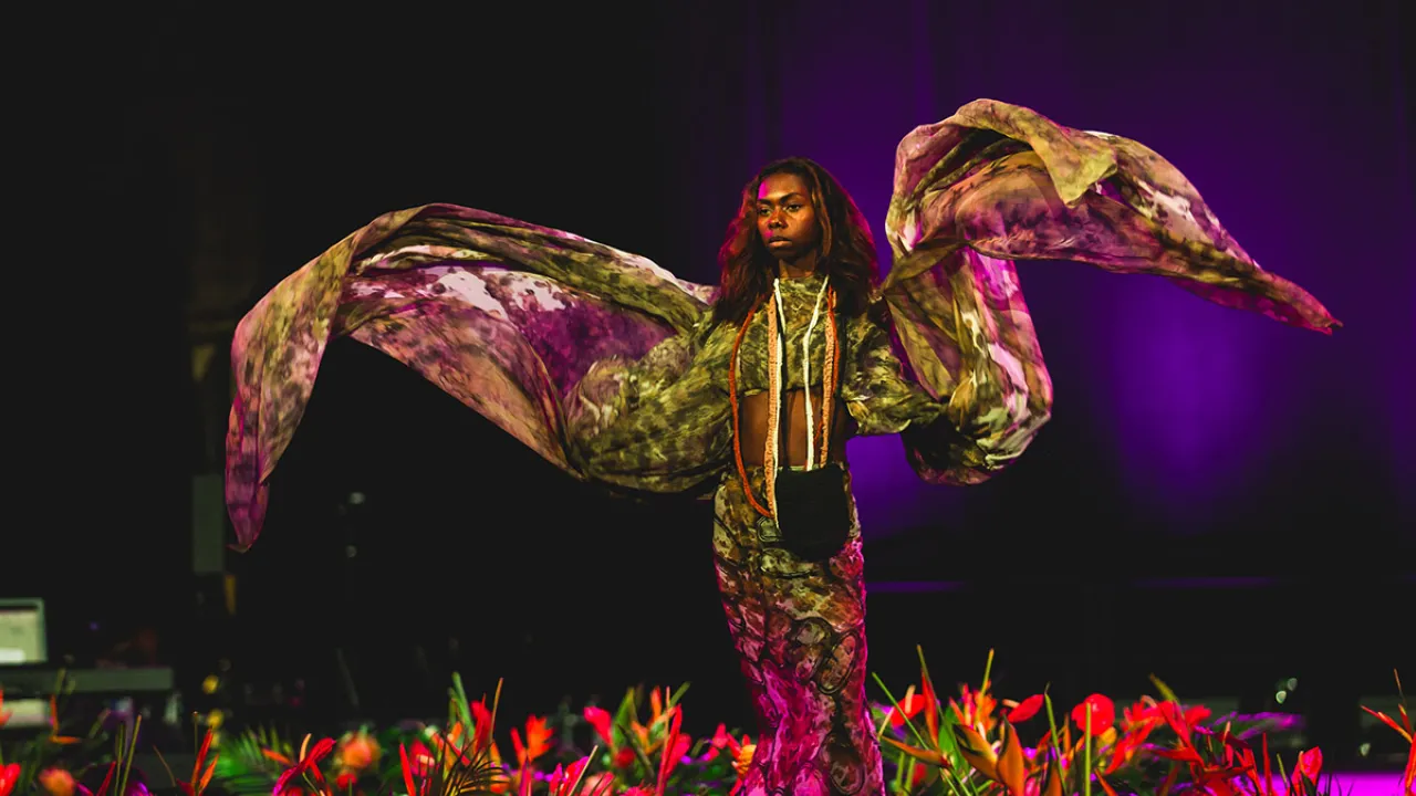 Cindy Rostron at the Darwin Aboriginal Art Fair (DAAF) Fashion Showcase at the 13th Festival of Pacific Arts and Culture (Hawai'i 2024)