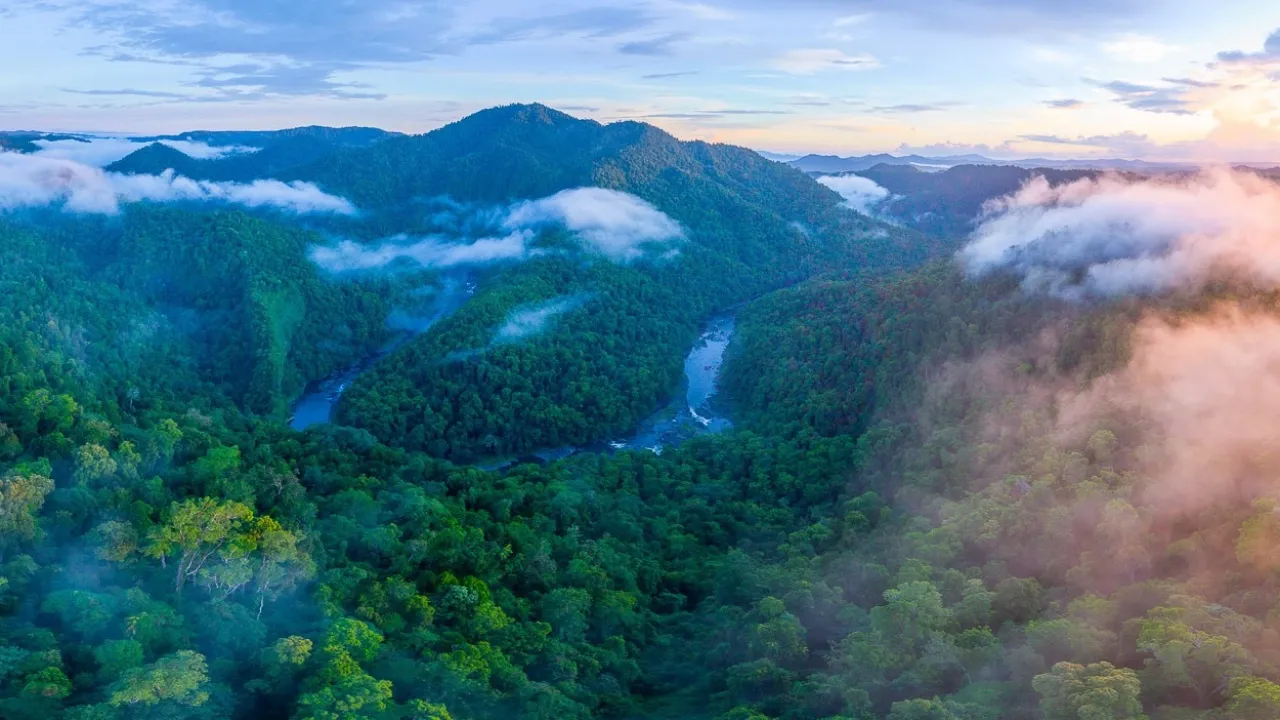 A photo of mountains covered in trees, with clouds passing over.
