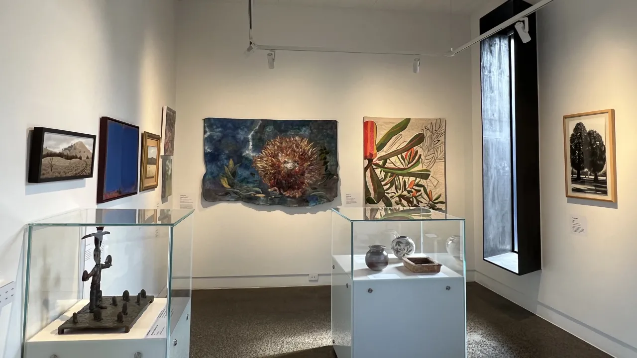 Photo of exhibition installation from the Treasures from the collection exhibition, Cambrian Room at Central Goldfields Art Gallery 2026. Image Courtesy Central Goldfields Art Gallery