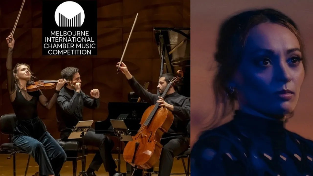 Two photos: Orelon Piano Trio at MICMC on left, composer Nicole Brady on right