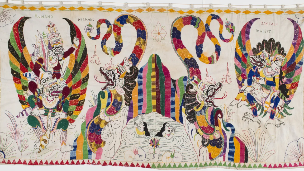 Museum and Art Gallery of the Northern Territory, Temple hanging (tabing), depicting abduction of Princess Sita from 'Ramayana' epic 1975-1995, cotton with synthetic and lurex metallic thread, 950 x 1860mm, donated through the Australian Government's Cultural Gifts Program by Michael Abbott QC, 2000, MAGNT Collection SEA 02491. Photographer Mark Sherwood.