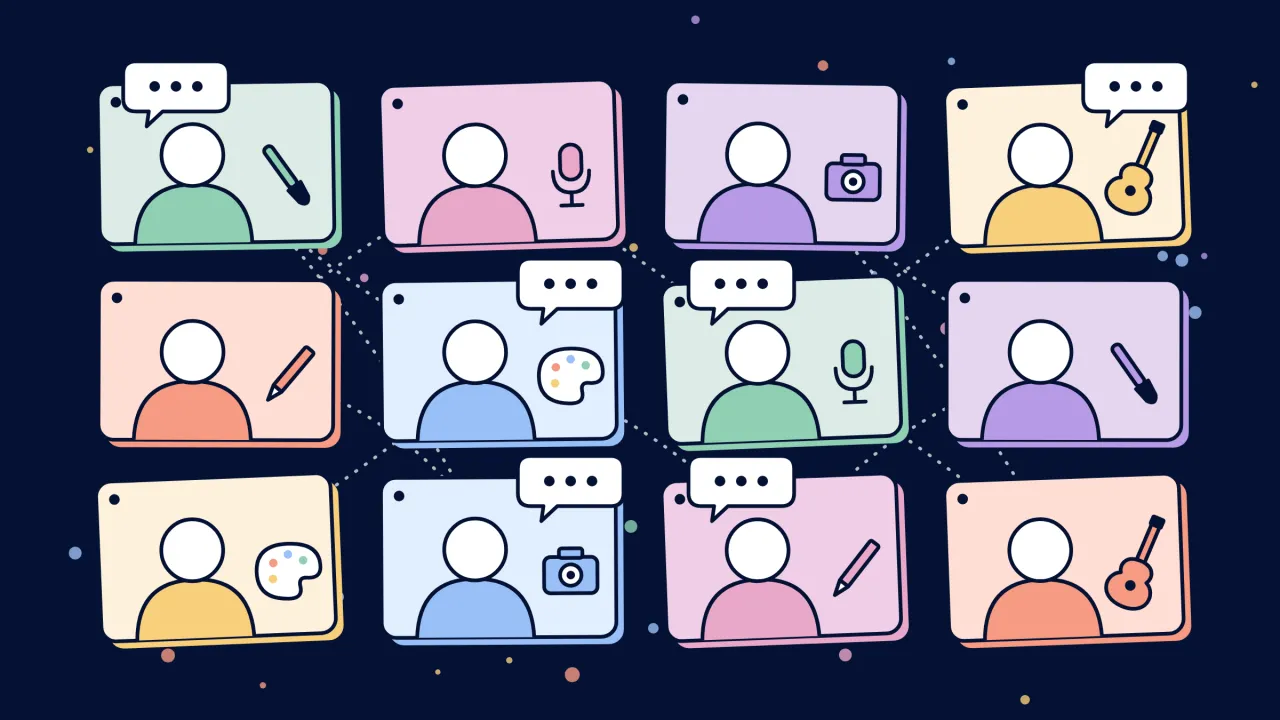 Digital illustration of creative people connecting at an online conference.