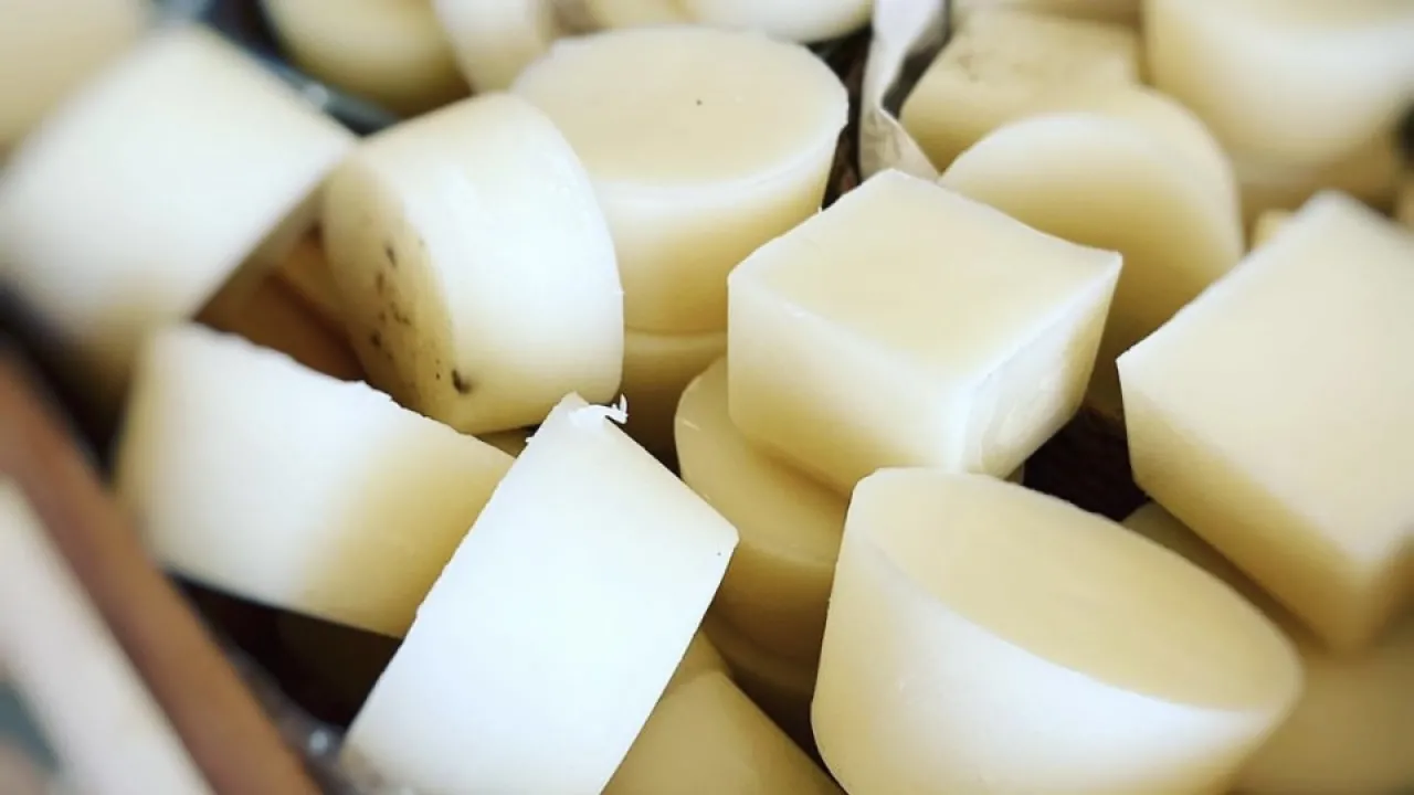 Cold cakes of beeswax, an ingredient of encaustic medium