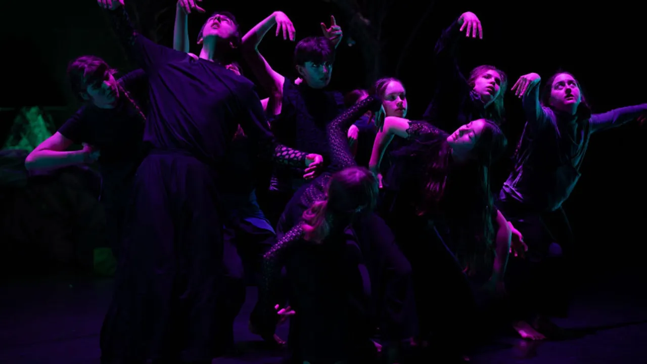 Nine young people stand in various poses as a close group, arms up, extended, and out. They wear variations of black and grey, and black lace. They face all directions under a pink light with a green glow in the background