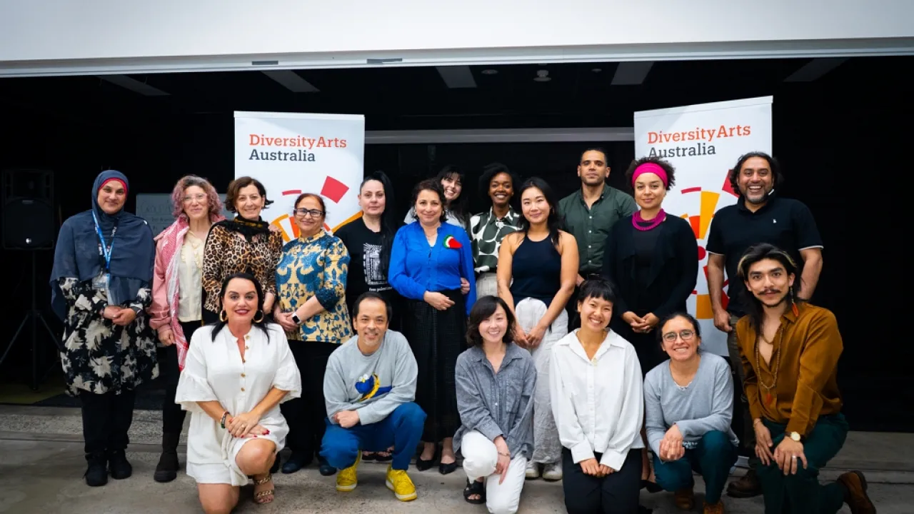 Shifting the Balance Leadership Program Welcome Mixer featuring graduates and staff. Photo credit: Benjamin Tiger La for Diversity Arts Australia