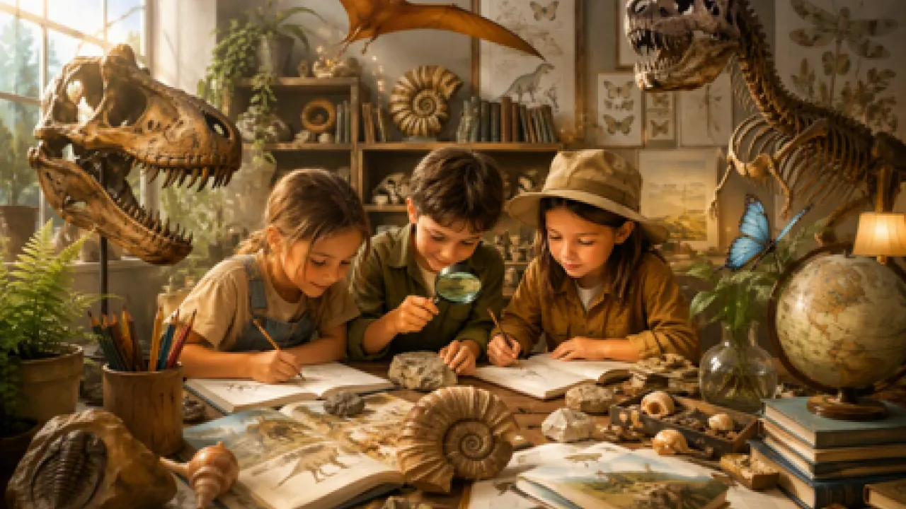 A visually immersive learning space featuring young learners exploring fossils, books and natural history specimens surrounded by museum-inspired collections. The image celebrates curiosity, creativity, scientific discovery and the connection between art, storytelling and education.