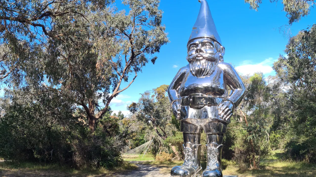 Gregor Kregar, Reflective lullaby, 2015. A.K.A Frankie the Gnome sits in the bushland of McClelland Sculpture Park + Gallery