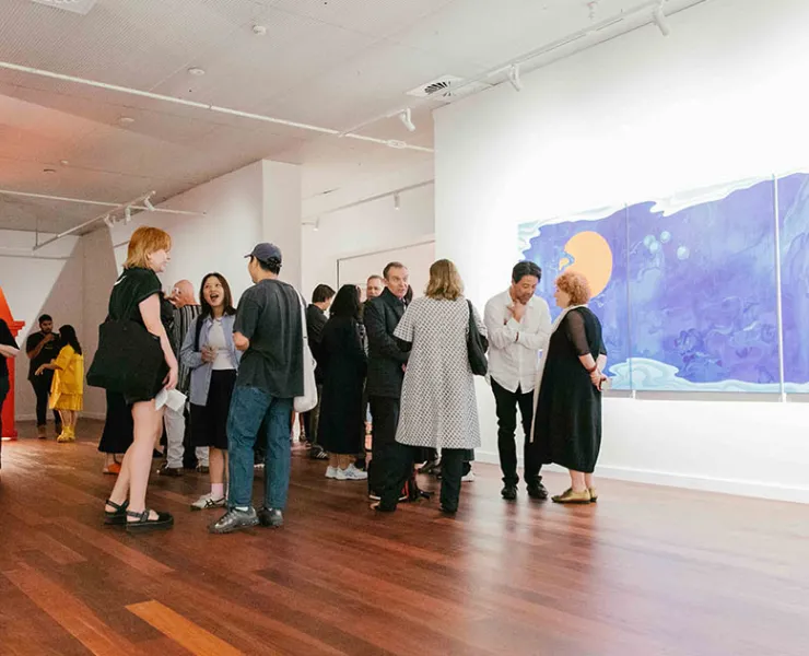 Attendees at the VIP opening of Louise Zhang ‘No dust left in the lilies’, 4A Centre for Contemporary Asian Art, 2023. Photo by Anna Hay.