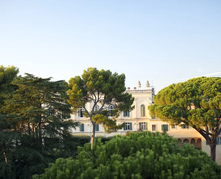  Caption: American Academy in Rome Studio window view looking across to Villa Aurelia Scholars Building from artists’ studio at the American Academy in Rome. Credit: Lynne Roberts-Goodwin.