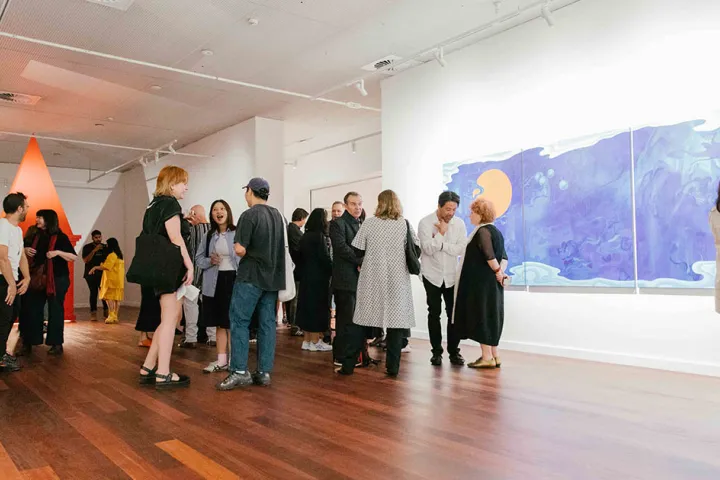 Attendees at the VIP opening of Louise Zhang ‘No dust left in the lilies’, 4A Centre for Contemporary Asian Art, 2023. Photo by Anna Hay.