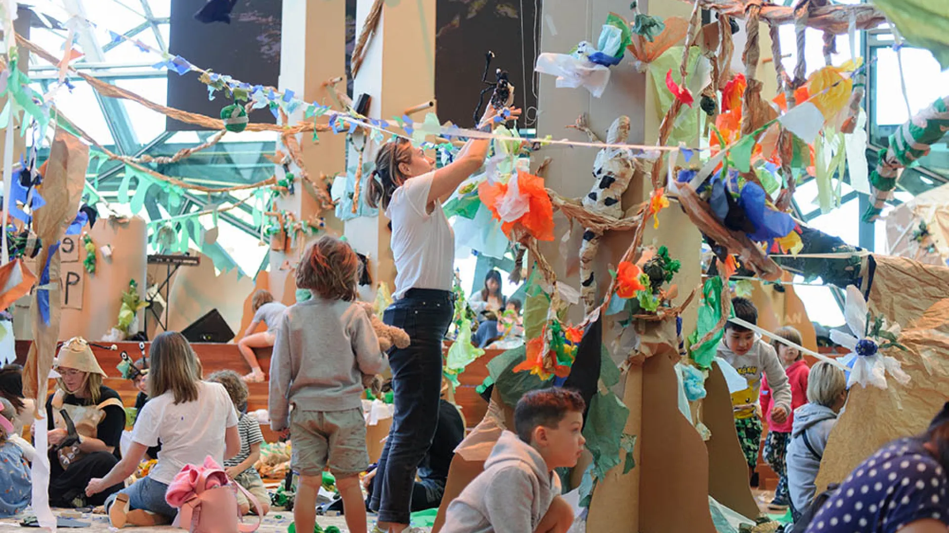 Cardboard and crepe paper installation for children at Fed Square