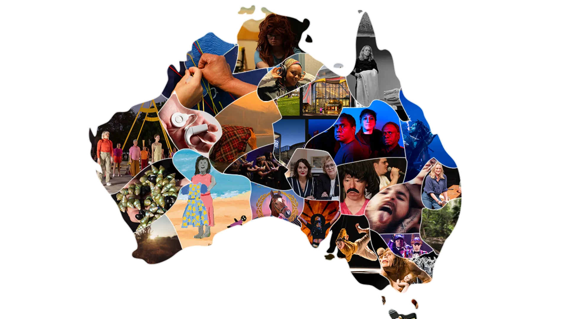 A collage of all the Creative Futures Fund 2026-27 recipients, in the shape of Australia.